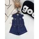 シャネルCHANELキッズセットアップ シャネル風 CC ストーンデニムノースリーブ 2 点セット 女の子キッズ春夏カジュアル上下ウェアシャネル子供服女の子ハイブランド