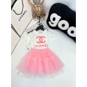 シャネルブランド子供洋服 CHANEL 風 ピンク大 CC ロゴ半袖 T シャツ & レース裾チュールスカート 2 点セット 女の子キッズ柔らか綿素材 春夏パーティーお出かけ子供服シャネル キッズセットアップ女の子 