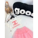 シャネルブランド子供洋服 CHANEL 風 ピンク大 CC ロゴ半袖 T シャツ & レース裾チュールスカート 2 点セット 女の子キッズ柔らか綿素材 春夏パーティーお出かけ子供服シャネル キッズセットアップ女の子 