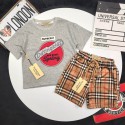  ハイブランドバーバリー子供服セットアップ男の子BURBERRY ロゴ円形プリント 杢グレー半袖 T シャツ クラシックチェックショーツ キッズ上下セットハイブランド韓国風