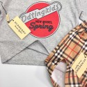  ハイブランドバーバリー子供服セットアップ男の子BURBERRY ロゴ円形プリント 杢グレー半袖 T シャツ クラシックチェックショーツ キッズ上下セットハイブランド韓国風