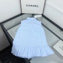 ハイブランドシャネルCHANELロゴプリント 編み紐装飾ノースリーブシャツ 裾プリーツキッズワンピース 水色シャネル子供服女の子上品女児春夏服