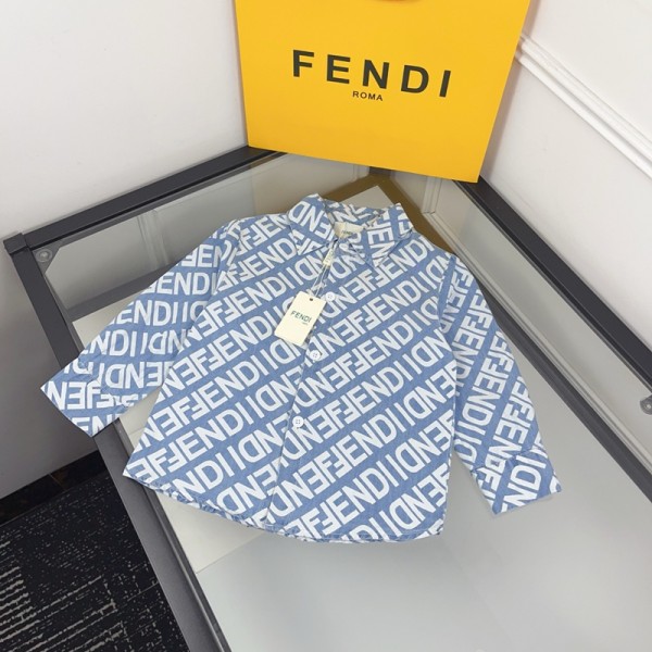 ハイブランドフェンディ子供服男の子 女の子 FENDI 総柄ロゴ 子供長袖シャツ 男女兼用 デニム調ブルーFENDI 子供シャツフェンディ総柄長袖シャツ男の子