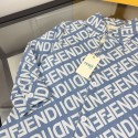 ハイブランドフェンディ子供服男の子 女の子 FENDI 総柄ロゴ 子供長袖シャツ 男女兼用 デニム調ブルーFENDI 子供シャツフェンディ総柄長袖シャツ男の子