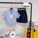 モンクレール風キッズ セットアップ 男の子ストライプ半袖シャツ ショートパンツ セットアップモンクレールMONCLER子供服 春夏 ストライプ柄シャツ＋紺色ハーフパンツ 2 点セット