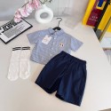 モンクレール風キッズ セットアップ 男の子ストライプ半袖シャツ ショートパンツ セットアップモンクレールMONCLER子供服 春夏 ストライプ柄シャツ＋紺色ハーフパンツ 2 点セット