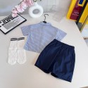 モンクレール風キッズ セットアップ 男の子ストライプ半袖シャツ ショートパンツ セットアップモンクレールMONCLER子供服 春夏 ストライプ柄シャツ＋紺色ハーフパンツ 2 点セット