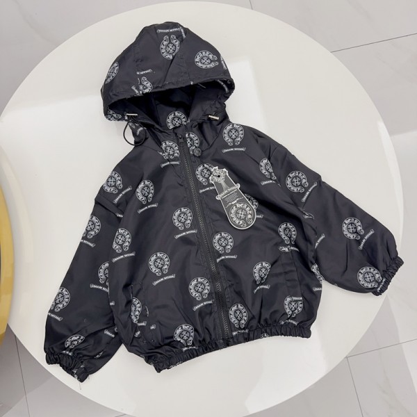 クロムハーツ子供服 総柄プリントジップパーカー ウエストゴム 春秋アウターChrome Hearts 薄手防風キッズアウター 総柄フードジャケット 男女兼用ハイブランド韓国風