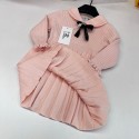シャネル ピンク襟付き キッズニットワンピース リブ編み リボン飾り 女の子ハイブランドCHANEL子供服長袖子供ワンピース ピーターパン襟 リボン付き 春秋ニットワンピ