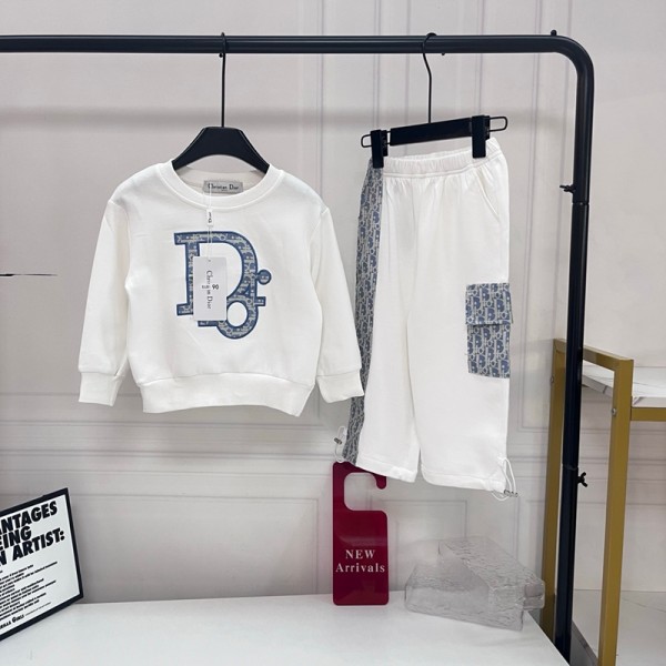  ハイブランドディオールキッズセットアップ  Dior 子供服キッズ 大アルファベットプリント スウェットトップス＋カーゴパンツ 2 点セット ホワイトハイブランド子供服 男女兼用激安