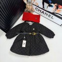 シャネルCHANELキッズ キルティング中綿コート マフラー付き リボンベルト ブラック シャネル 男女兼用子供コート 長袖 冬こども服