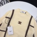 セリーヌCELINEキッズ 長袖ニットセーター 胸ロゴワッペン 長袖トップスセリーヌCELINE 男女兼用子供セーター クリームxブラウン 秋冬こども服