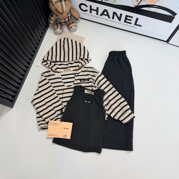 ミュウミュウMIU MIUキッズ 3点セット ストライプフードトップス タンクトップ スカート ミュウミュウ 男女兼用子供服 ベージュxグレー 秋冬こども服