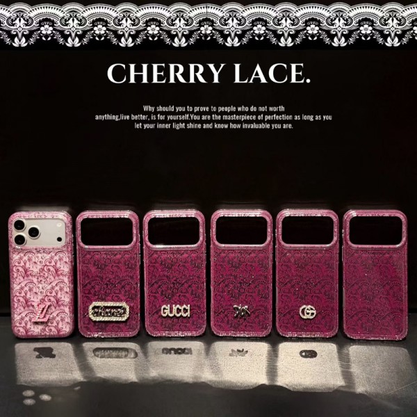 iphone 18/air/18 pro/18 pro max 即納 ルイヴィトン Lv グッチ Gucci シャネル Chanel  ディオール Dior アイフォン18 17 16 14 15 pro Max air ケースカバー 芸能人愛用 上品 【6 種類】チェリーレッド レースペイズリー ラインストーン装飾 大窓スマホケース ガーリーラグジュアリー