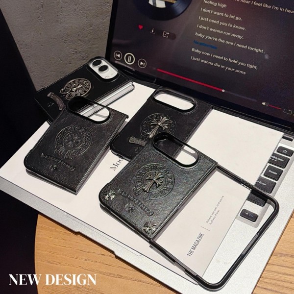  人気iPhone Duo ケースクロームハーツ レザー 全面保護メンズchrome heartsアイフォン デュオ カバー カメラ保護 軽量 薄型  iphone duo 折りたたみ スマホケース韓国風