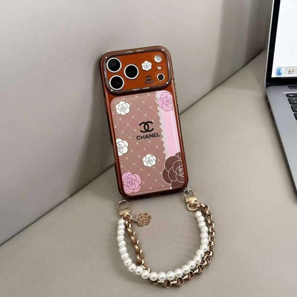 シャネル可愛いアイフォン18pro max 17 pro max 18 ケース カメリア パール チェーン ストラップ付き ブラウンxピンク Iphone18 Plus 17Pro Max ブランド レディース 人気 シャネルCHANEL アイフォン18pro 17 proカバー
