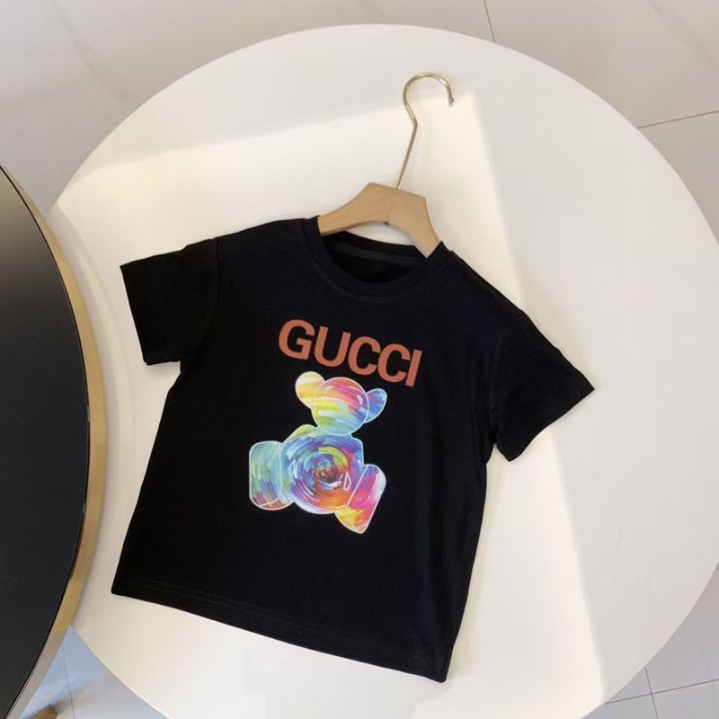 GUCCI 定番ロゴと多彩なベアデザイン 子供向け白黒 T シャツグッチ韓国風半袖GUCCI 