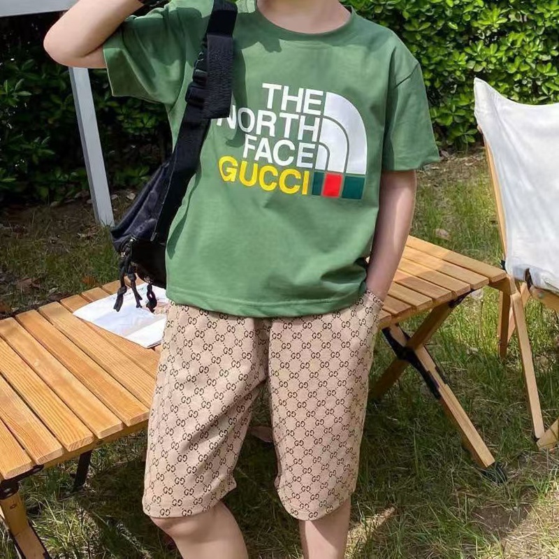 GUCCI潮系子供服ノースフェイス 子供用 T グリーン / ベージュ / ブラックコラボ子供服
