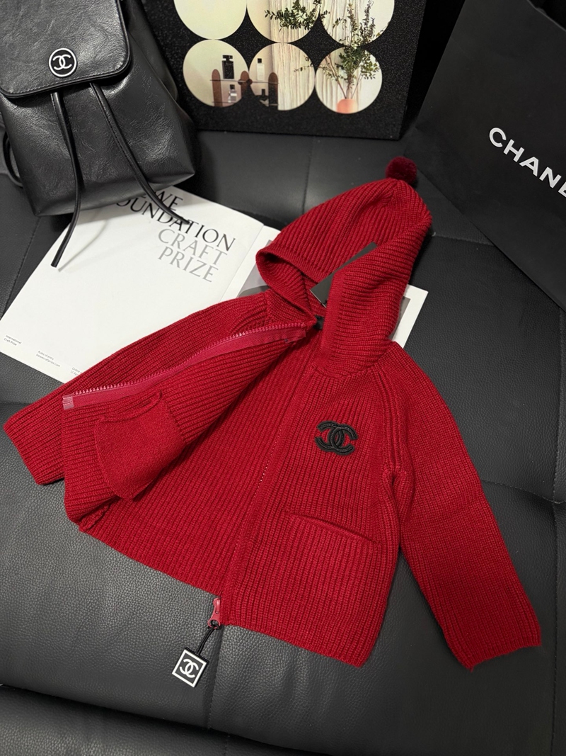 chanelキッズ CC ロゴフーデッドニットカーディガン レッドシャネルハイブランド